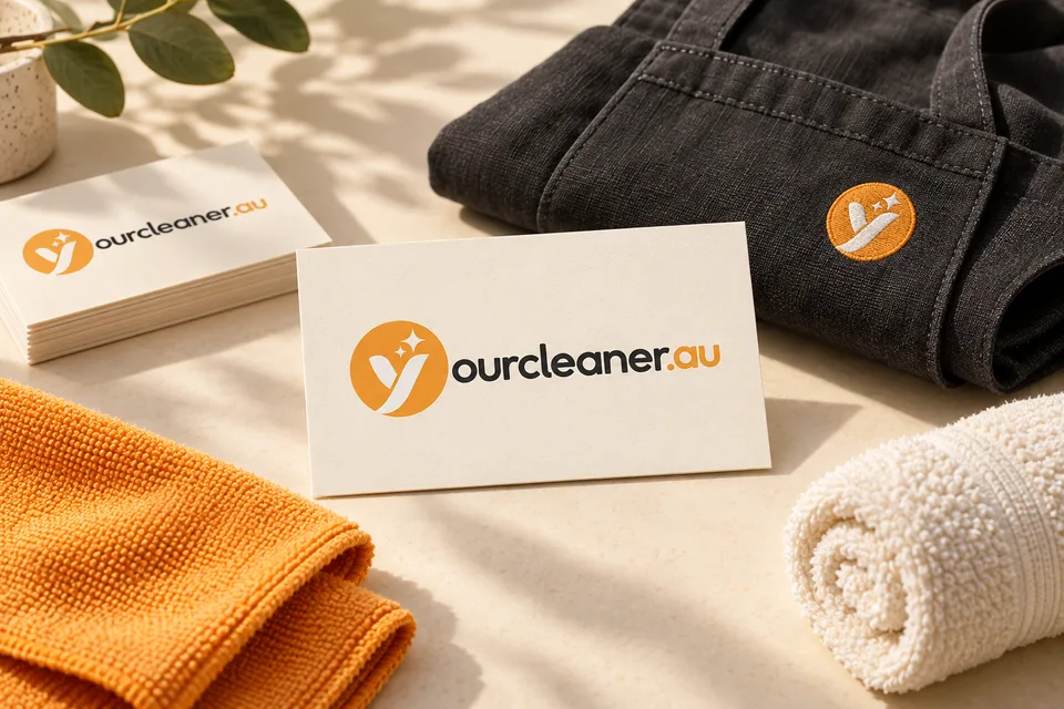 Your Cleaner logo on brand stationery and a charcoal apron — mockup