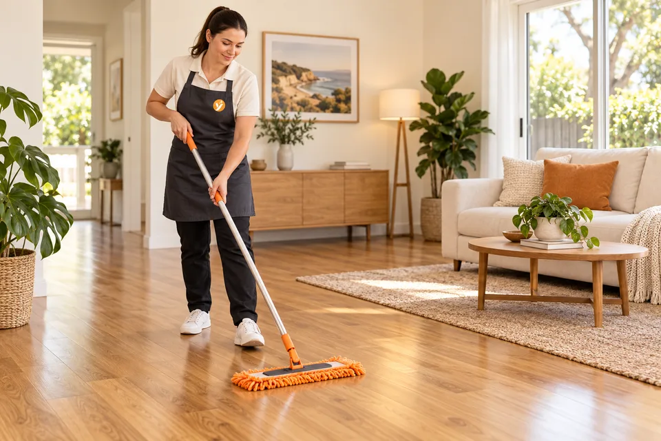 Illustrative cleaner mopping a living-room floor